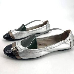 Tod's Womens Leather Round Toe Slip-On Ballet Flats Shoes Silver Black Size 38.5